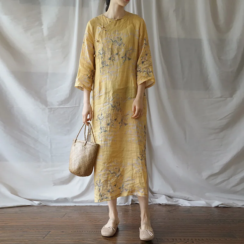 

Women Yellow Vintage Dress Button Seven Sleeve Print Floral Ramie Robes 2019 Autumn New Chinese Style Cheongsam
