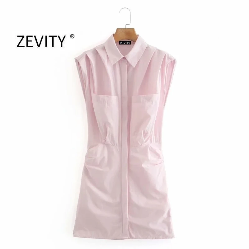 Zevity New women simply solid color double pockets pleats mini dress chic female sleeveless single breasted slim dresses DS4150 Zevity New women simply solid color double pockets pleats mini dress chic female sleeveless single breasted slim dresses DS4150