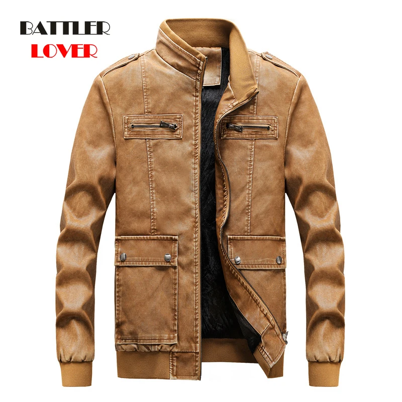 Leather Jacket Men Motorcycle Retro Casual Jackets Mens Washed Leather Coat for Male Fleece Warm Windbreaker Coats Plus Size 6XL