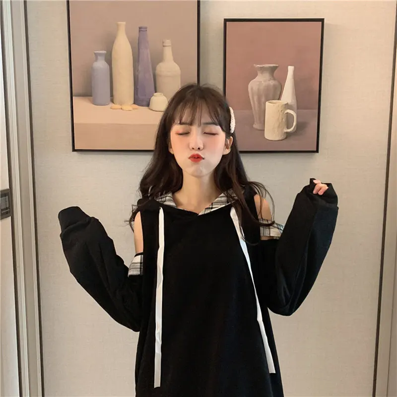 Черный Harajuku Толстовка японский стиль женская уличная Толстовка предложение плечо толстовки Студенческая Лолита девушки Ulzzang Топы Mujer - Цвет: Черный