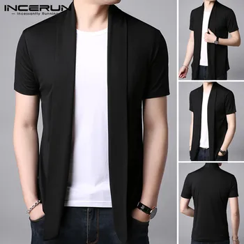 

INCERUN2020 Summer Men's Short Sleeve Shirt Brand Causal Blouse Male Cardigan Patchwork Tops Man Black Loose Clothing S-5XL