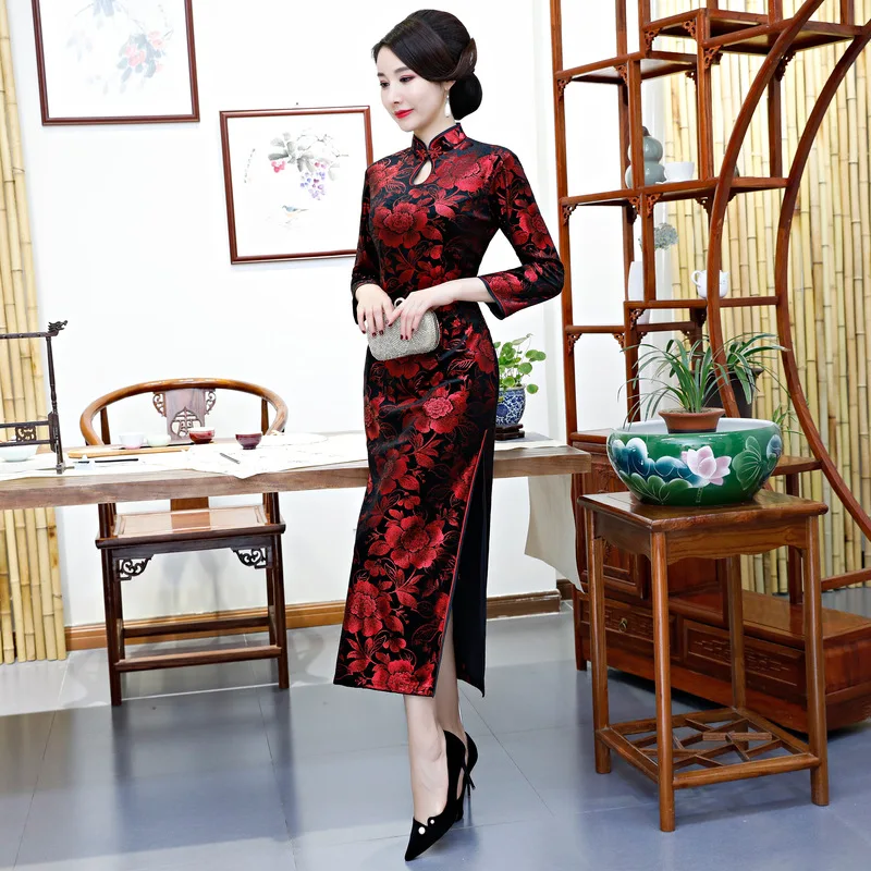 Элегантное тонкое платье Cheongsam большого размера 3XL-5XL Женское зимнее вечернее платье с цветочным принтом традиционное китайское платье Qipao благородное платье