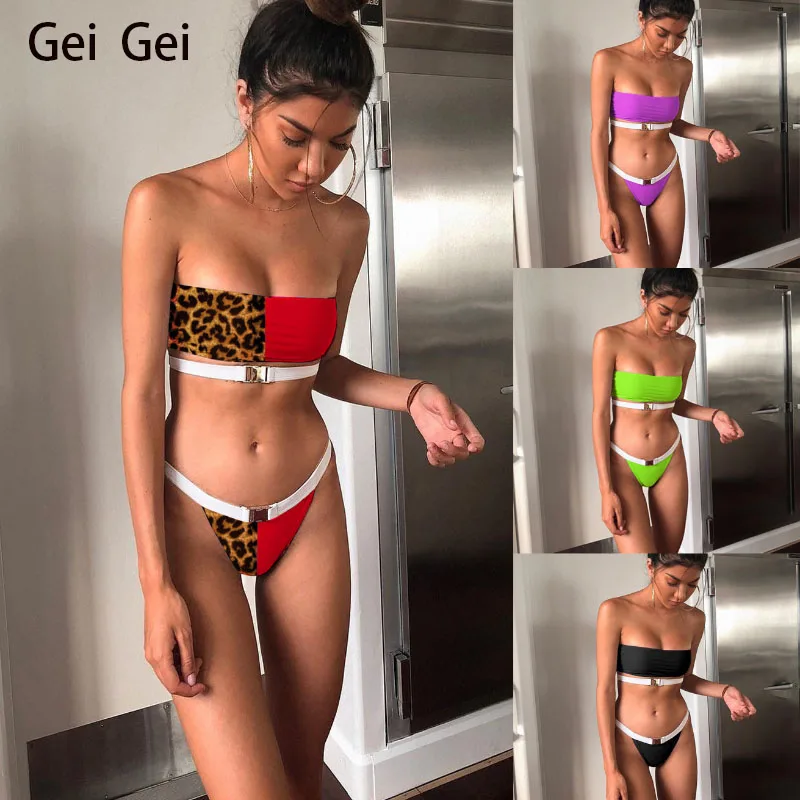 

Leopard tube top sexy bikini swimsuit summer candy color casual buckle femme biquini 2020 women split sports beach swimwear