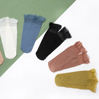 

2 Pairs Lace Transparent Solid Striped Sheer Socks Women Thin Japanese Summer Cool Silk Crystal Female Dot Ventilate Ankle Socks