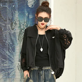 

hollow out Autumn Coat for women black loose short jacket female with zipper A81Z40