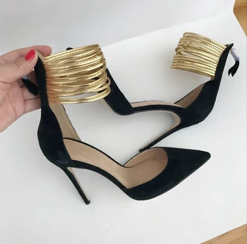 

2020 autumn new golden ankle ring with 10cm hollow toe single shoes pointed toe stiletto large size high heel sandals