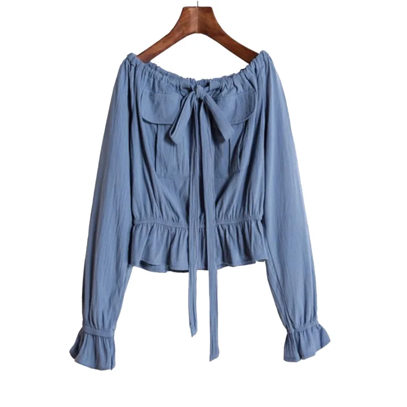 

Ruffle Crop Top Off Shoulder Long Sleeve Sexy Korean Spring Boho Bow Tunic Yellow White Green Pink Short Blouse Women Shirt