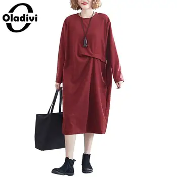 

Oladivi Plus Size Women Fashion Wrinkle Dress Ladies Casual Loose Long Sleeve Spring Autumn Dresses Female Tunic Vestidos 6XL