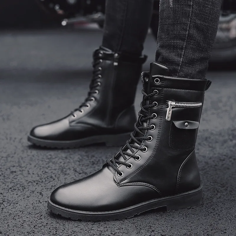 Winter Men Motorcycle Boots Fashion Mid-Calf Punk Rock Punk Shoes Mens BootsLeather Black High top Casual Boot Man