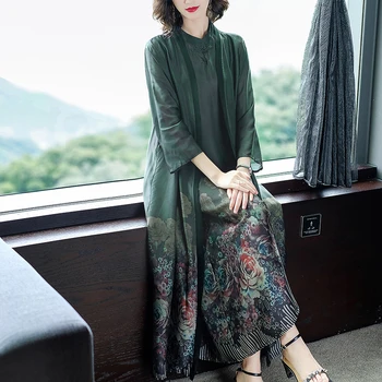 

Loose National Style Long dress Temperament Two-Piece Set Long-sleeved super long outer dress + sleeveless over-the-knee dress