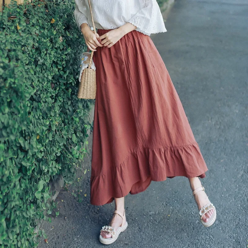 

2019 Summer New Style Literature And Art Hipster Loose Cotton Linen WOMEN'S Dress Solid Color Joint Big Hemline Skirt
