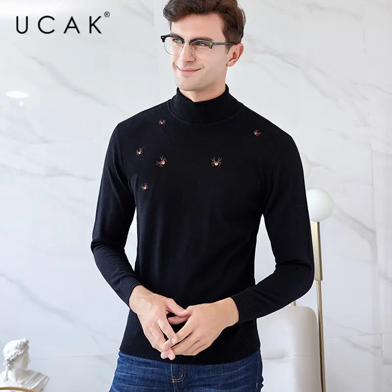UCAK Brand Merino Wool Sweater Men Autumn Winter Warm Turtleneck Cashmere Pullover Men Streetwear Fashion Young Pull Homme U3049