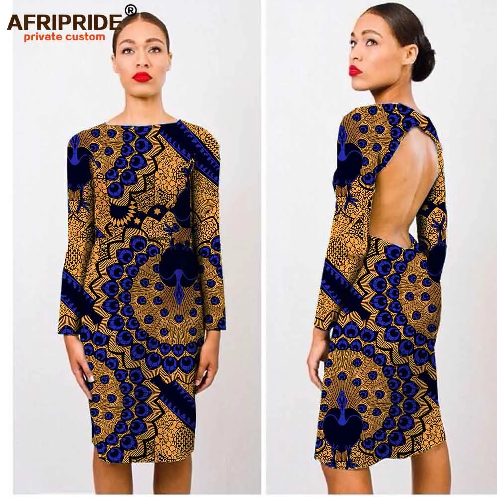 

2019 African dresses for women knee-length full sleeve with open back sexy ladies dress cotton wax print AFRIPRIDE A722564
