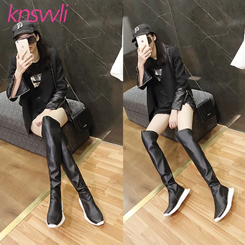 Knsvvli/черные кожаные эластичные сапоги выше колена; Женская Повседневная зимняя обувь на толстой подошве; женские сапоги до бедра с круглым носком