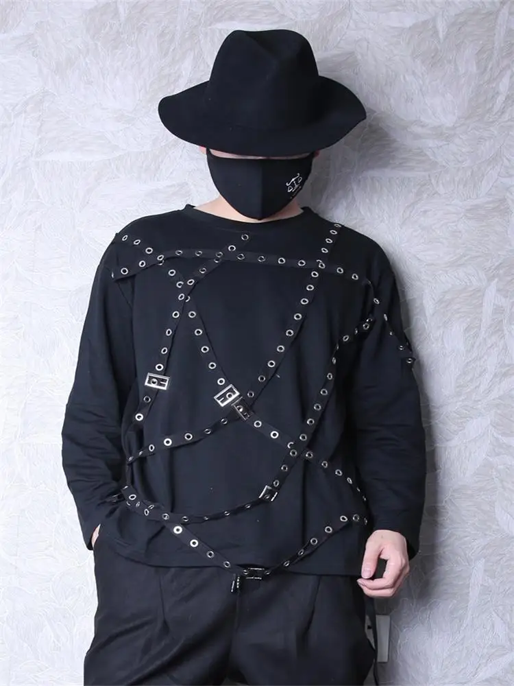 

Men's Long Sleeve T-Shirt Spring And Autumn New Dark Round Collar Personality Rivet Stitching Design Fashion Quality Undershirt