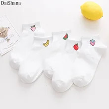 5 пар, летние хлопковые повседневные женские Носки с рисунком однотонные белые носки с фруктами Веселые носки с животными милые носки Kawayi для девочек, Размеры 35-40