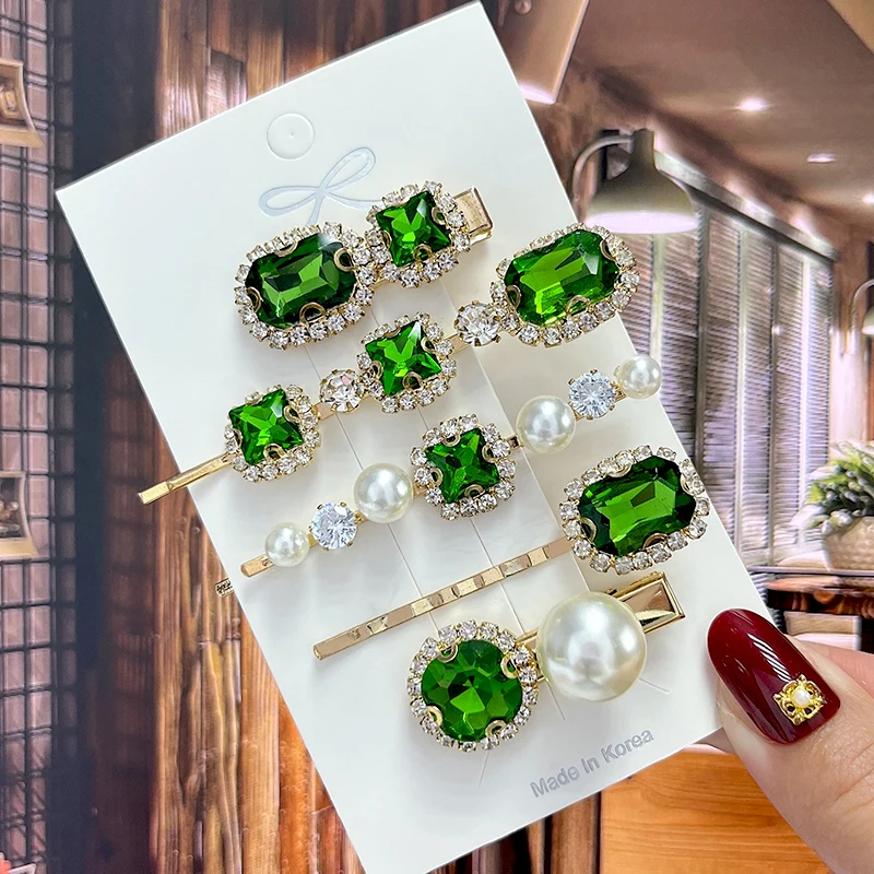 Hair Clips Set Fashion Green Crystal Hair Accessories Luxury Barrette Pin  Gift