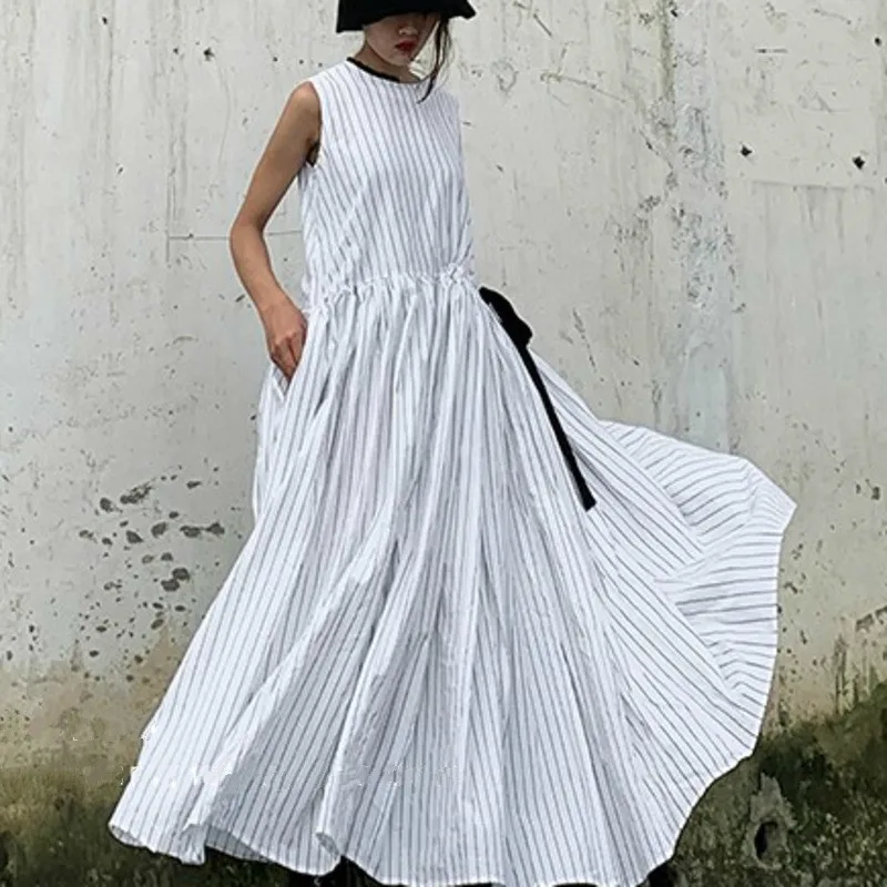 

TVVOVVIN Striped Round Neck Sleeveless Drawstring Belt Irregular Dress Casual Fashion Loose Woman 2019 Summer New C971