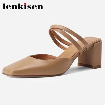 

Lenkisen gladiator handmade full grain leather square toe high heels simple style solid slip on mules young lady women pumps L76