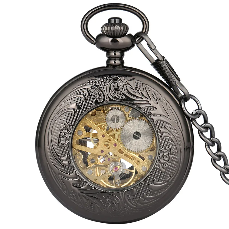 Antique Wooden Case Handwinding Mechanical Pocket Watch for Men Women Skeleton Clock Pendant Chain Roman Number Dial Hour Gift