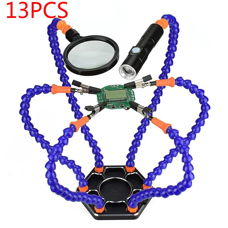 

Aluminum Base Non-Slip Soldering Station Helping Hands Third Hand Six Adjustable Flexible Universal Arms with Magnifying Glass