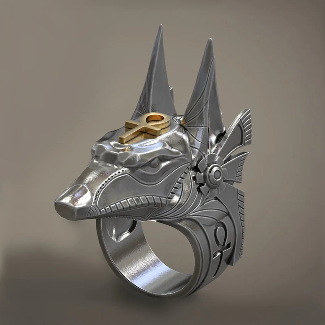 Белый Majestic Stargate Egyptian Deity Anubis крест АНХ талисман Золото Серебро байкерское кольцо Винтаж Волчья Голова кольца для мужчин Панк ювелирные изделия - Цвет основного камня: Белый