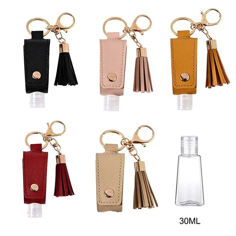 

30ml Reusable Empty Bottle Plastic Travel Bottle for Hand Sanitizer with Tassels Leather Keychain Holder Carriers Bottles