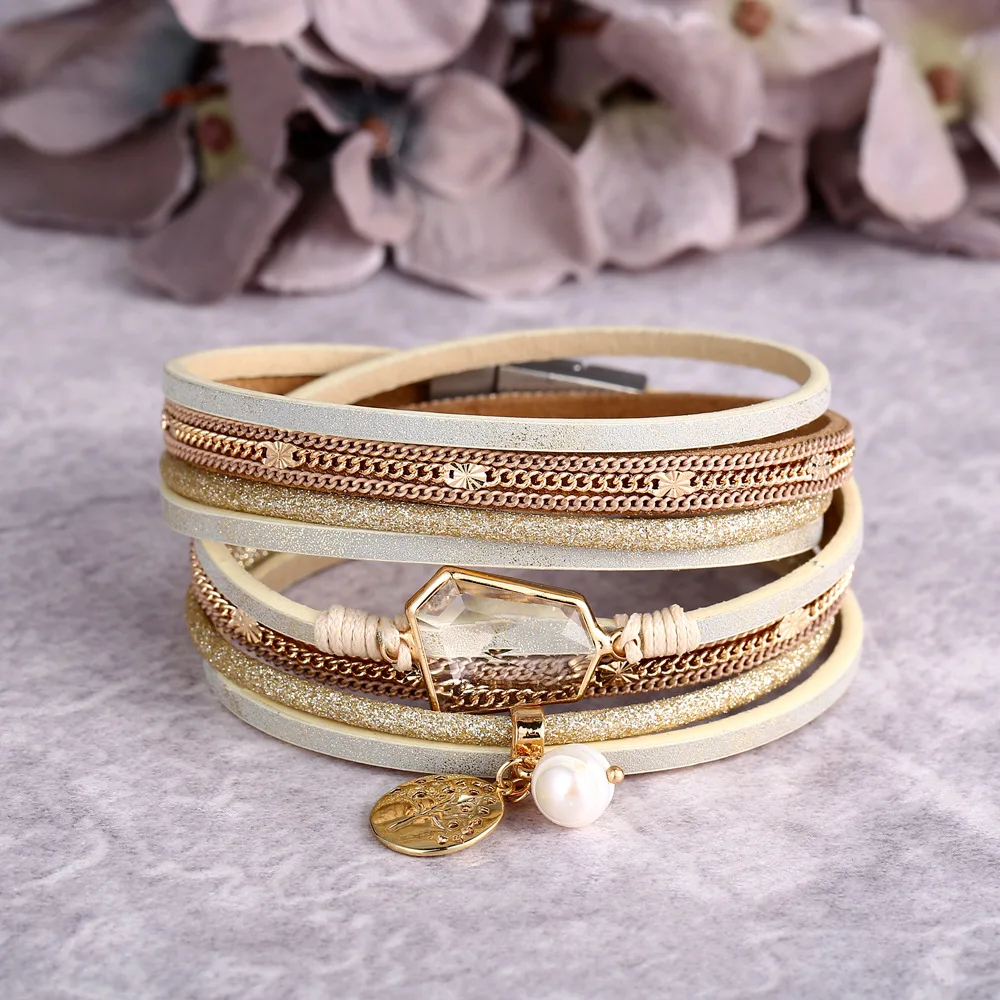 

New Simple Leather Bracelets For Men Women Popular Crystal Pearl Bangle Handmade Wave Multi-layer Charm Bracelets Brown Pulseras