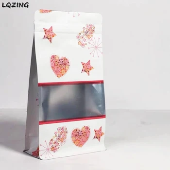 

New Heart Printed Ziplock Storage Bags Foil Coffee Bean Stand Up Pouches Big Capacity Food Candy Package Bags With Clear Window