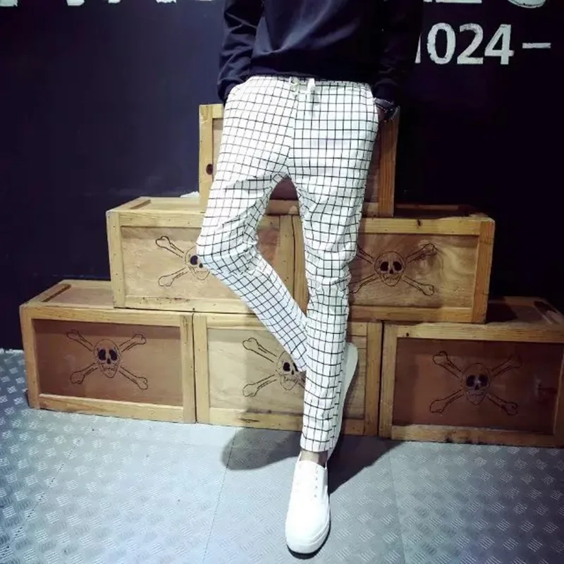 

Korean-style Slim Fit Autumn Teenager Fashion nan shi zhuang Plaid Small Feet Long Pants Men Denim (Ankle-length Pants) Men's