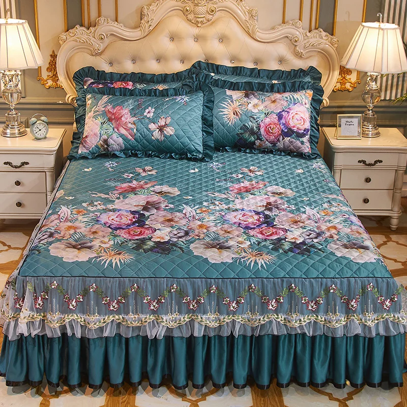 

2020 Silk Quilting queen king size Bed Skirt Bedspread Bed Sheet Bed Cover Pillowcase Bedding Set
