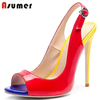 

ASUMER 2020 new arrive women sandals mixed colors peep toe buckle summer sandals sexy super high heel party wedding shoes woman
