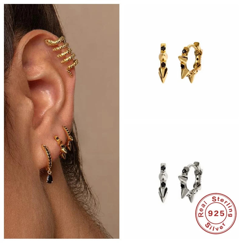 Aide Trendy 100% 925 Sterling Silver Woman Girls Hoop Earrings for Anniversary Engagement Black Ziron Round Earring Pendients | Украшения и