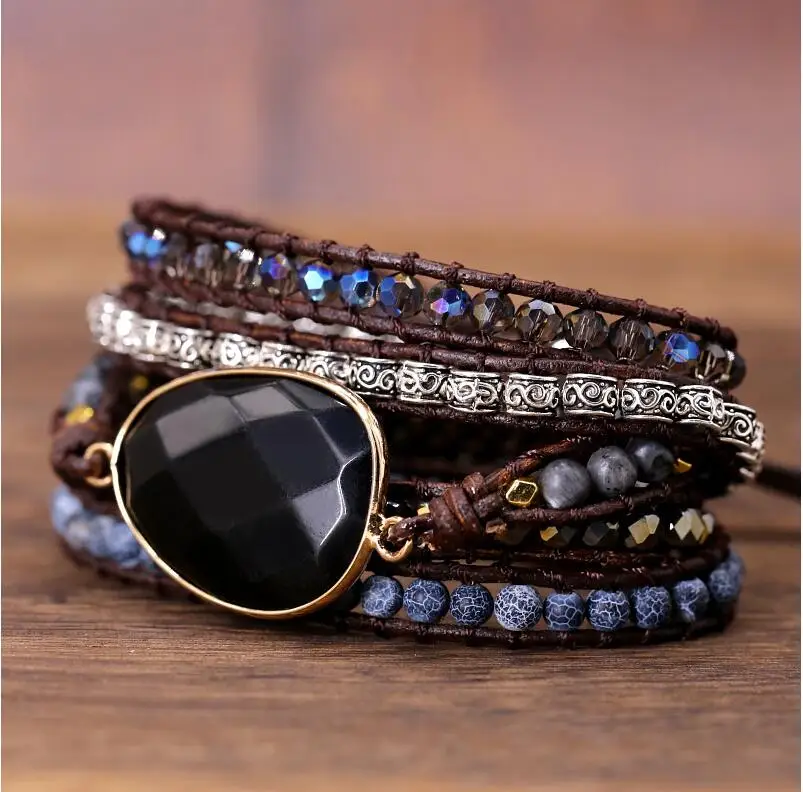 Najtaniej 2019 ekskluzywna bransoletka en cuir noir Onyx Mix 5 brins femmes i hommes bransoletki d enveloppement bransoletka bohème cadeau bijoux li