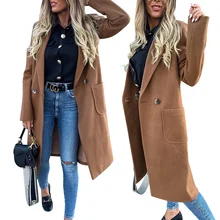 Женское шерстяное пальто, зимнее длинное пальто на пуговицах, модное женское офисное шерстяное пальто, однотонная верхняя одежда с карманами, повседневное манто femme D25