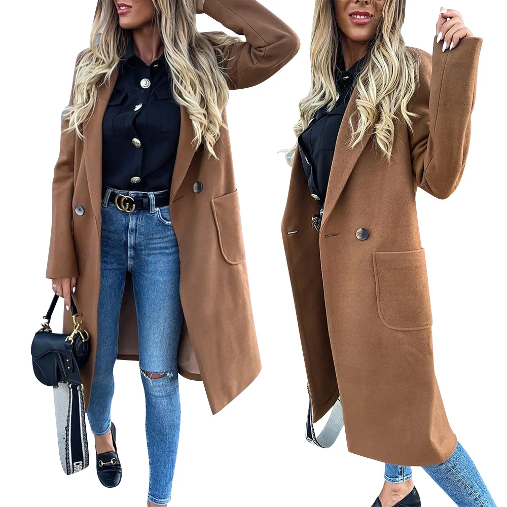 

Women Wool Coats Winter Button Long Coat Fashion Ladies Office Woolen Coat Solid Colour Pocket Outwear Casual manteau femme D25