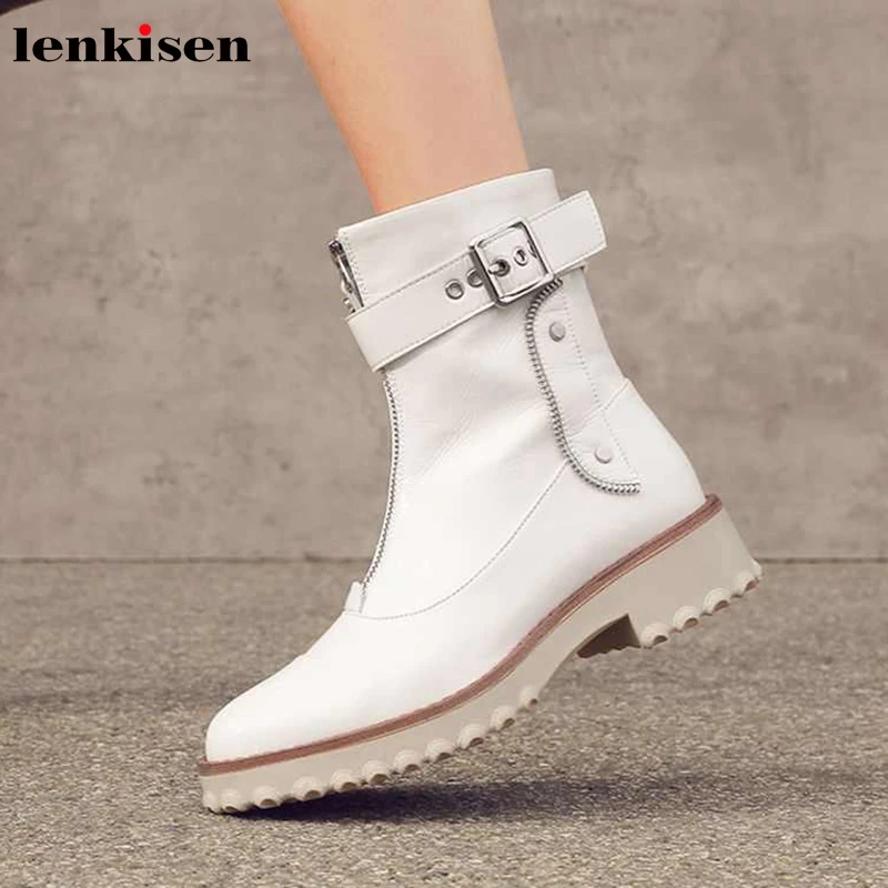

Lenkisen handsome motorcycles boots genuine leather buckle straps med heels fashion zipper rivets winter women ankle boots L8f5