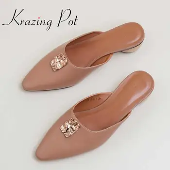 

Krazing Pot big size new genuine leather high heels slip on summer mules metal decoration pointed toe med heel solid shoes L23