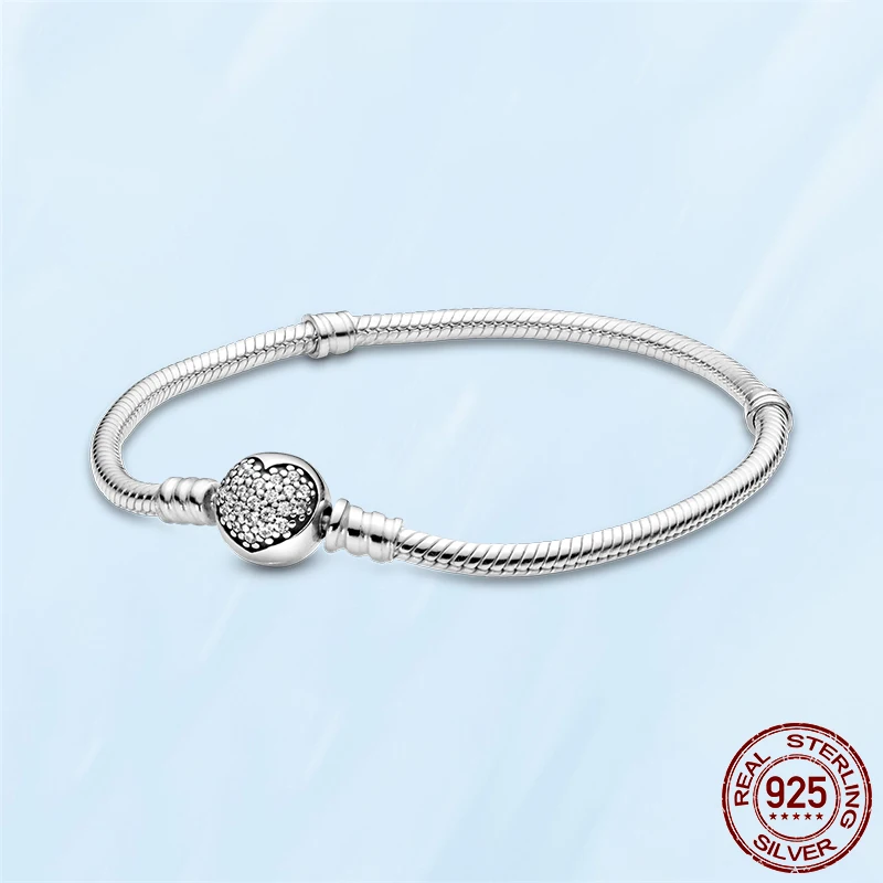 TOP SALE 925 Sterling SILVER Heart Snake Chain Fashion Bracelets For Women Fit Original Pandora Charm Beads Jewelry Gift