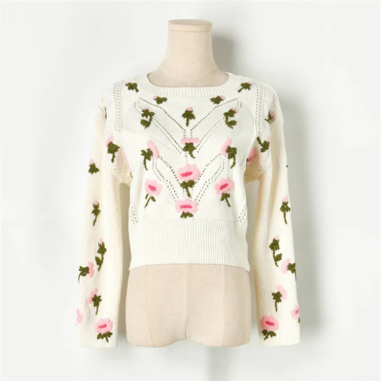 beige white Подиумные Цветочные Топы с вышивкой осенне-зимний свитер женские свитера с длинными рукавами трикотажные пуловеры джемпер Pull Femme - Цвет: beige white