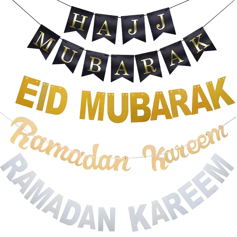 Gold Silver EID Mubarak Banner Ramadan Kareem Decor Banner Bunting Islamic Muslim Eid Al-fitr Hajj Mubarak Party Favor Decor