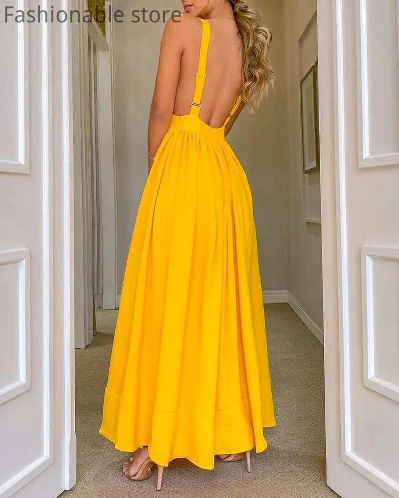

Women Sexy Spaghetti Strap Deep V Neck Open Back Maxi Dress