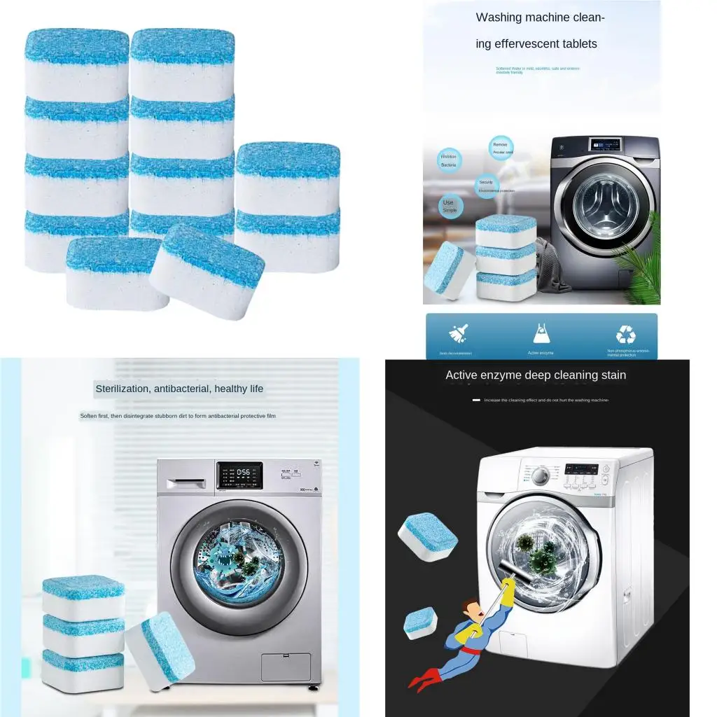 12pcs Practical Washing Machine Cleaner Effervescent Tablets for Front Load, Top Load Washers 2.6x2.6x1.2cm