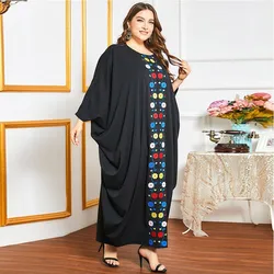 Casual Dresses American Ethnic Oversized Loose Black Long Embroidered Bat Sleeve Round Neck Pullover Mother Muslim Women