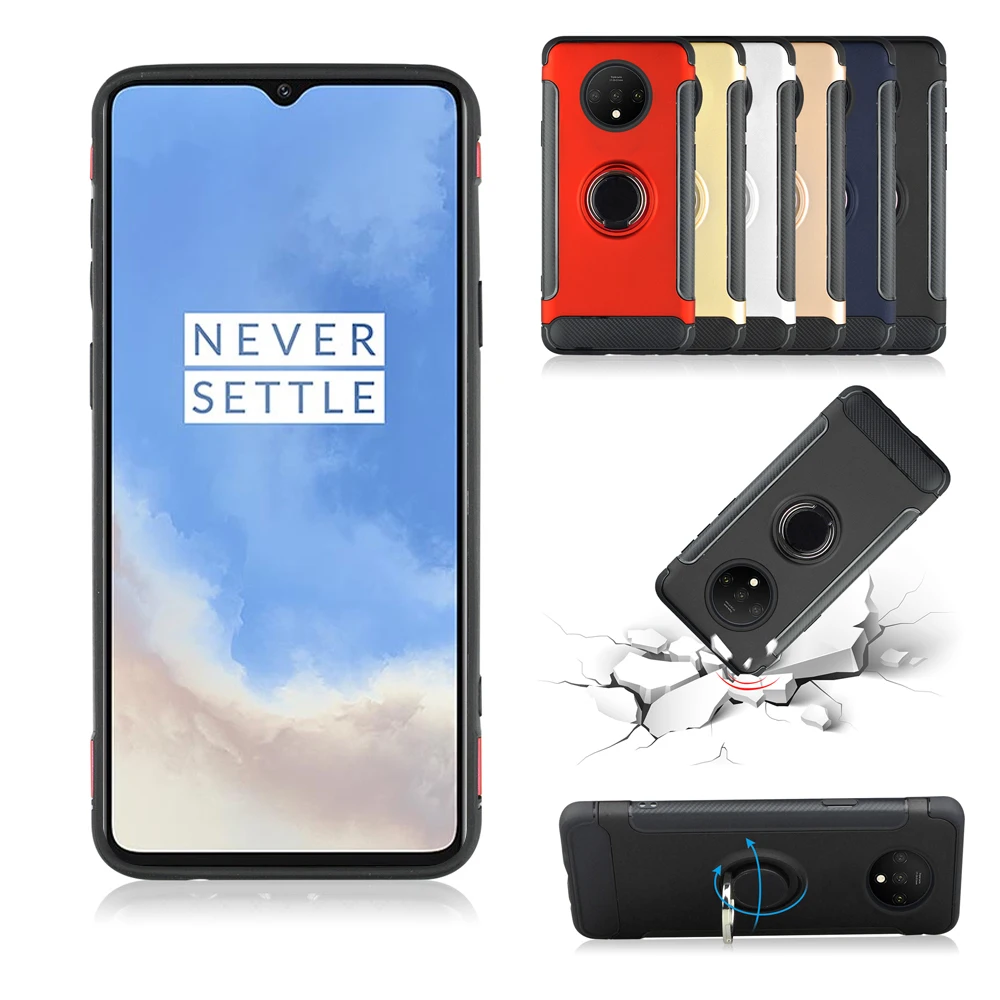 

For OnePlus 7T Case 360° Rotating Slim Carbon Fiber Ring Bracket Shockproof Protective Stand Cover For OnePlus 7T Pro Case Armor