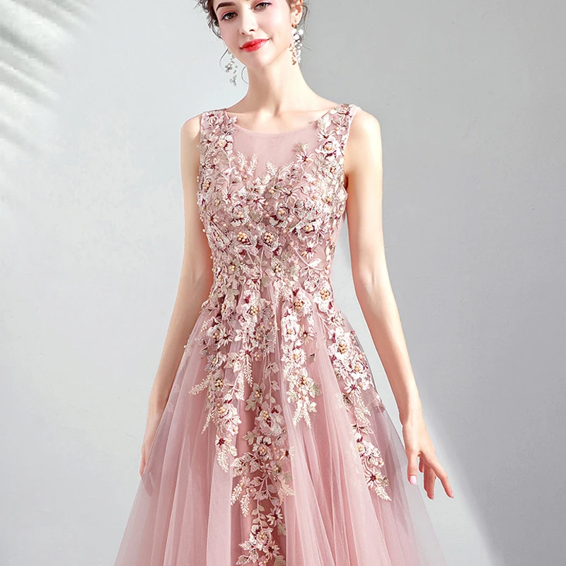 Новинка года; vestido de festa; милое Розовое Кружевное длинное вечернее платье с круглым вырезом; вечерние платья невесты с открытой спиной и бусинами; платья для выпускного с жемчугом