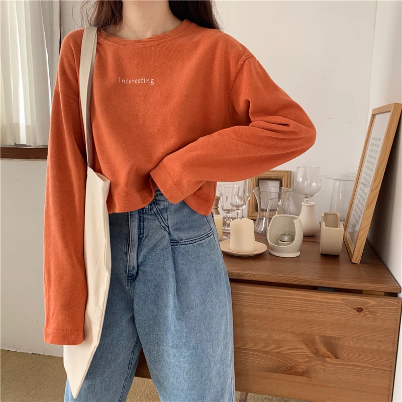 long sleeve T-Shirts knitted embroidery letter o-neck crop top moda feminina bf new Women's Clothing Tees causal style fall