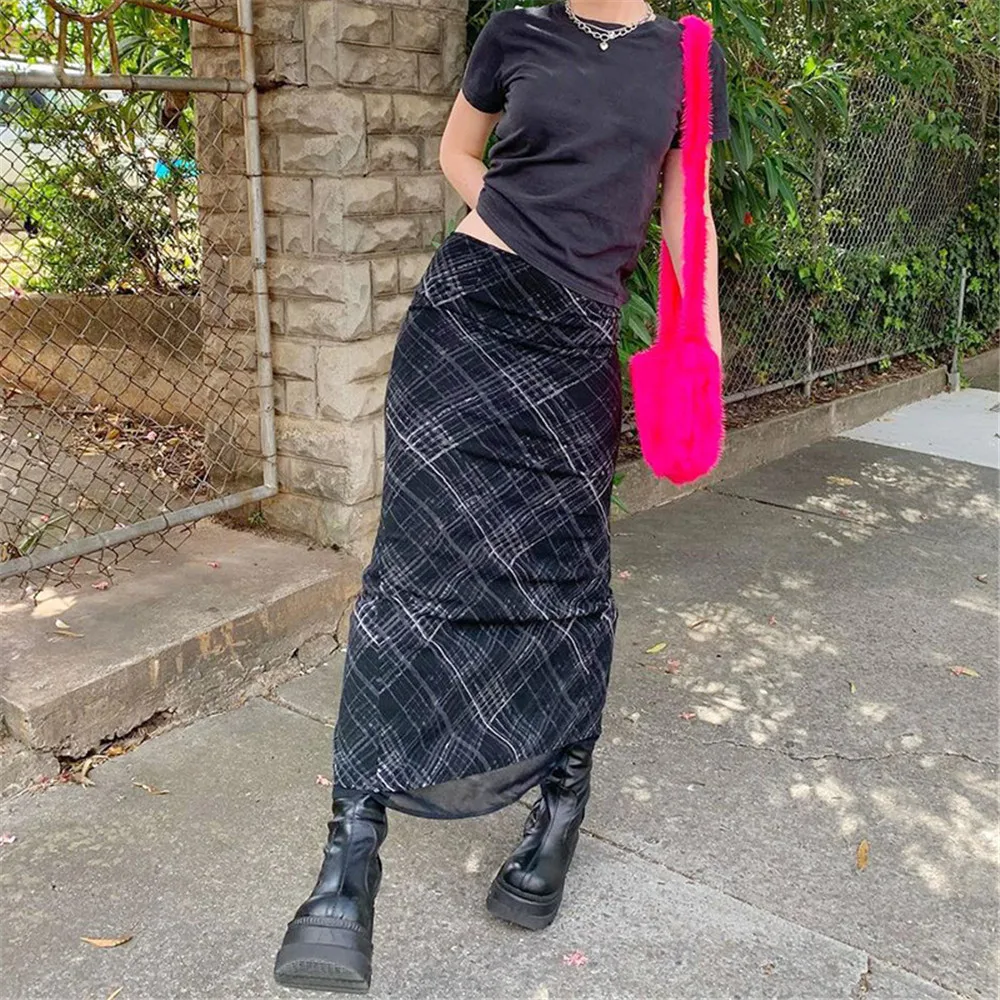 

Women Fashion Plaid Printed Long Skirt Lady Elegant Straight Maxi Skirt Woman Summer Fall Casual Double-layered High Waist Skirt
