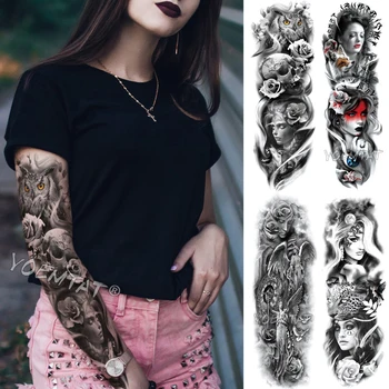 

Large Arm Sleeve Tattoo Owl Angel Rose Waterproof Temporary Fake Tatoo Sticker Skull Fox Wings Men Women Full Totem Tatto