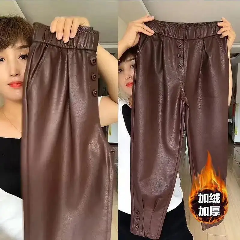 여성바지 따뜻한 여성용 스포츠 팬츠, 단색 캐주얼 드로스트링, 편안한 여성용 플리스 하렌 바지, 가을 겨울 패션 8 여성용 PU 가죽 바지, 봄 가을 하이 웨이스트 바지, 신축성 있는 바지, 겨울 플리스 추가, 블랙 하렘 바지, 패션